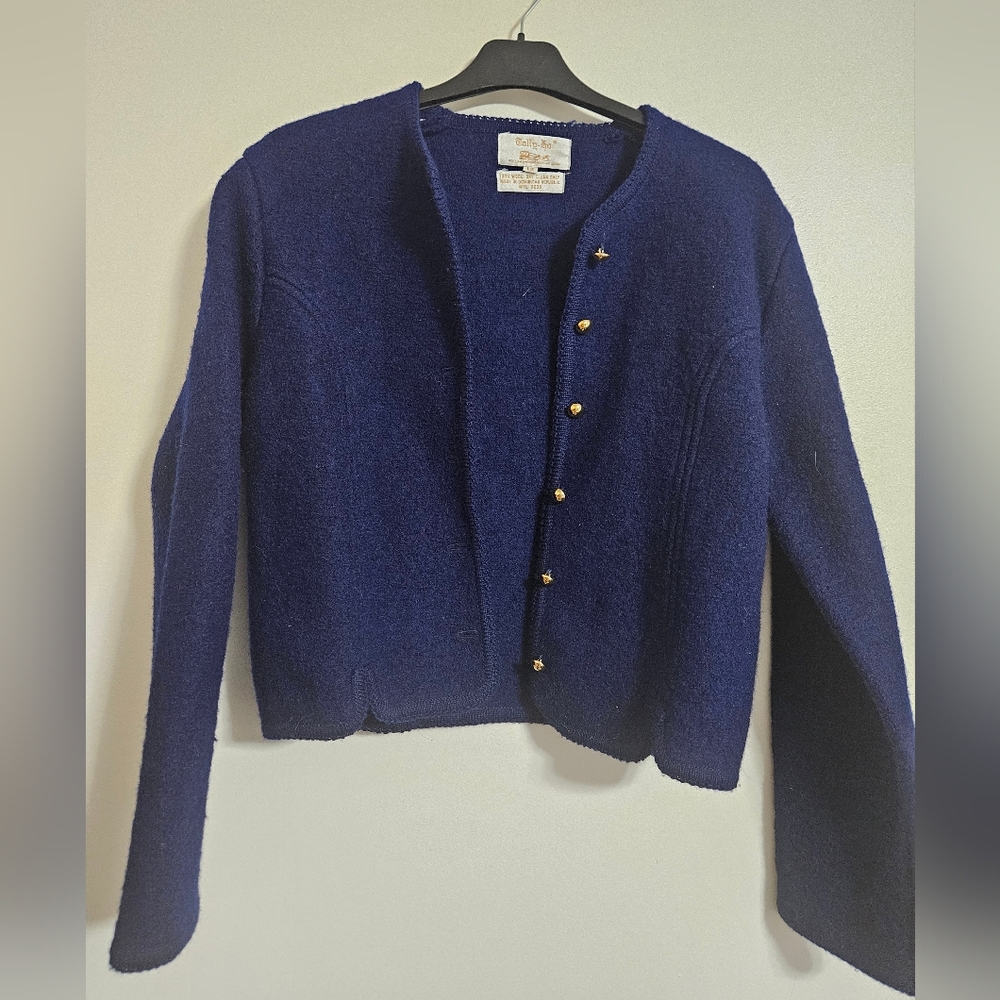 Vintage Tally Ho Womens Size 12 Boiled Wool Cardigan Navy Blue Sweater  Jacket